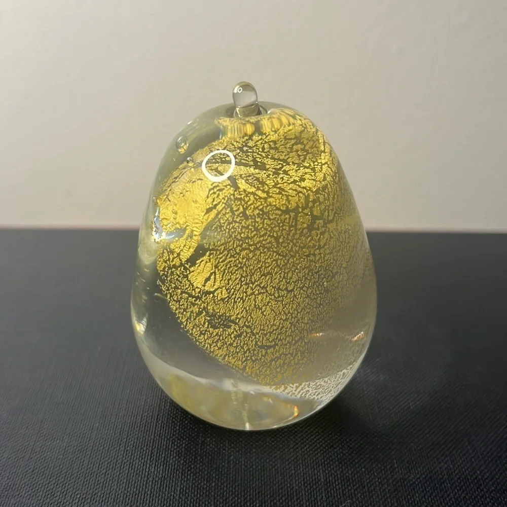 Gold Fleck Glass Pear Paperweight RARE Signed Shari Brush 1984 Art Glass